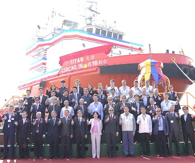▲台灣國際造船公司舉行台船16號大型安錨拖船(AHTS)命名儀式，經命名為TITAN 浩克輪。(圖／記者黃守作攝，2024.01.16)