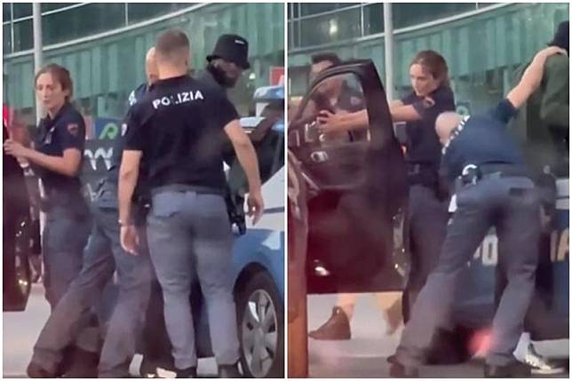 義甲AC米蘭隊的中場球星巴卡尤寇，日前被拍到在街邊被警察攔檢，但網友卻把焦點擺在持槍的正妹女警。（翻攝自推特）