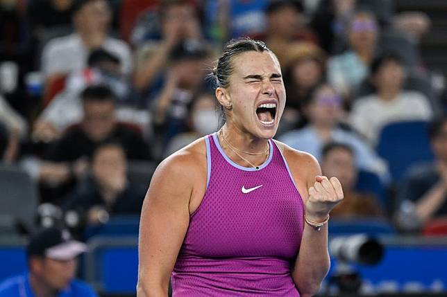 Aryna Sabalenka celebrates during the women's singles semifinal match against Coco Gauff of the United States at the 2024 Wuhan Open tennis tournament, Oct. 12, 2024. (Xinhua/Du Zixuan)