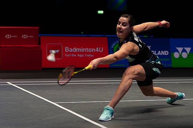 Carolina Marin of Spain returns during the women's singles semifinal against Tai Tzu-ying of Chinese Taipei at All England Open Badminton Championships 2024 in Birmingham, Britain, March 16, 2024. (Xinhua)