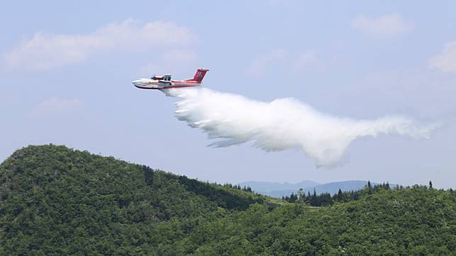 An AG600 large amphibious firefighting aircraft is seen during a flight test in Xichang, southwest China's Sichuan Province, in June 2023. (Aviation Industry Corporation of China/Handout via Xinhua)