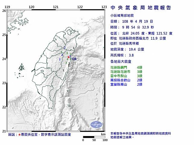 今上午9點54分，秀林鄉再傳規模3.8餘震，地震深度19.4公里，花蓮最大震度達4級、台中3級、南投與宜蘭2級。(圖擷取自中央氣象局)