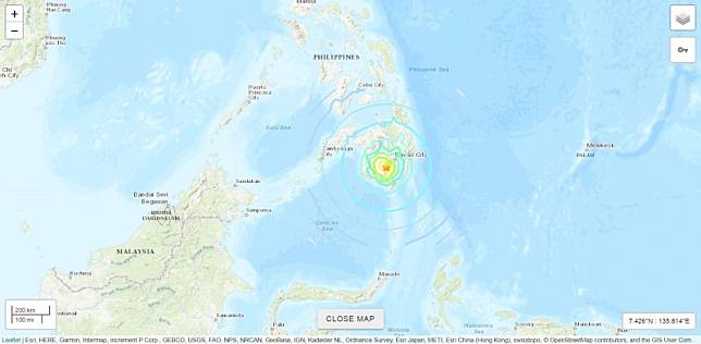 菲律賓民答那峨島今日下午發生芮氏規模6.8的極淺層地震。(擷取自美國地質調查所網頁)