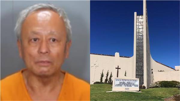68歲的台灣移民周文偉（David Wenwei Chou）因政治立場親中，15日攜帶槍枝與汽油彈闖入南加州的台灣教堂行兇，釀1死5傷悲劇。（圖片來源／Orange County Sheriff's Department、Geneva Presbyterian Church）