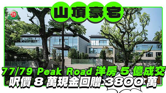 山頂豪宅77/79 Peak Road洋房逾5億成交 呎價8萬成焦點 現金回贈高達3800萬