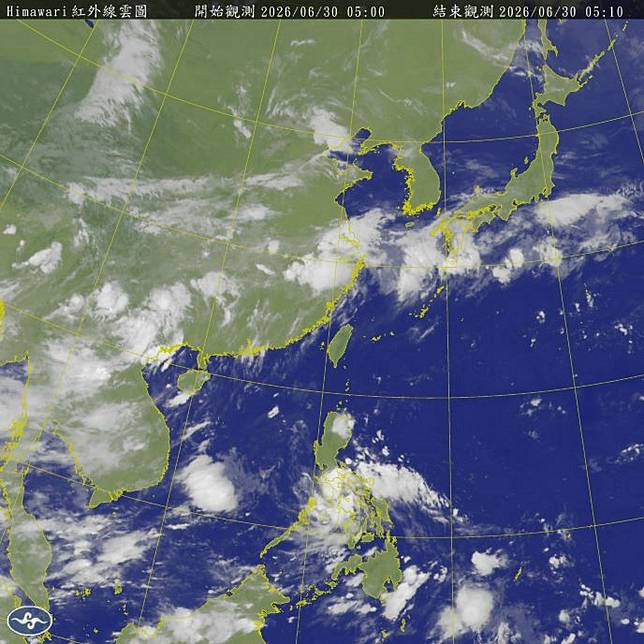 各地大多為多雲到晴、高溫炎熱，環境吹偏南風到東南風，迎風面恆春半島偶有零星短暫陣雨，午後中部以北地區及其他山區有局部短暫雷陣雨，中部以北山區可能有局部較大雨勢發生。（圖：氣象署網站）