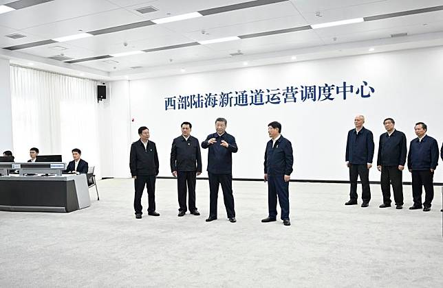 Chinese President Xi Jinping, also general secretary of the Communist Party of China Central Committee and chairman of the Central Military Commission, learns about the municipality's efforts in accelerating the development of the New International Land-Sea Trade Corridor in west China while visiting an international logistics hub park in southwest China's Chongqing Municipality, April 22, 2024. (Xinhua/Yue Yuewei)