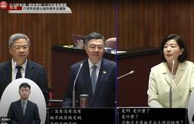 國民黨立委王育敏質詢提及「水庫蓄水範圍使用管理辦法」規定，與行政院長卓榮泰、經濟部長龔明鑫爭執目前設置在水庫上的光電板是否已違法。 圖：擷取自國會頻道