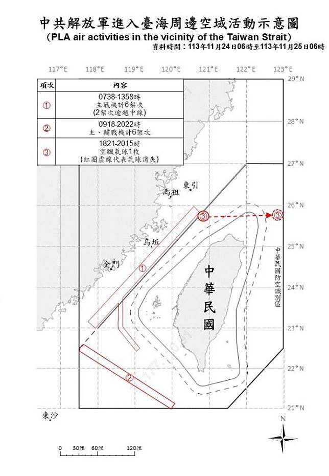 中共解放軍進入臺海周邊活動空域示意圖。（國防部提供）