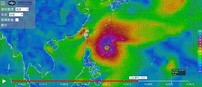 氣象局官網「風場預報顯示圖」最新模擬結果，2號颱舒力基目前仍在菲律賓東南方海面朝西北方前進。(圖取自中央氣象局)