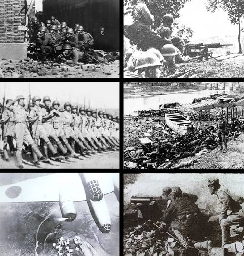 中日1930年代爆發戰爭時期，日軍「上海海軍特別陸戰隊」士兵戴上防毒面具（左上圖），顯示已經使用化學武器。   圖：翻攝自維基網站