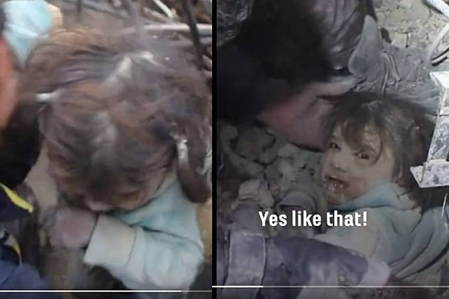 白盔部隊徒手挖開瓦礫堆，救出一名敘利亞小女童。（圖／翻攝自推特）