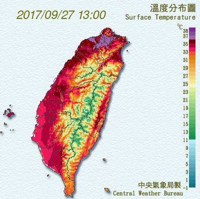 恐怖秋老虎，北台灣多個測站破9月高溫紀錄，在溫度分布圖上，北台灣溫度一片紫爆。（中央氣象局）
