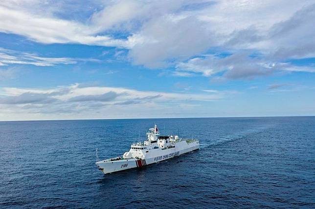 An aerial drone photo taken on Sept. 10, 2024 shows China Coast Guard (CCG) vessel Sifang patrolling in waters adjacent to China's Huangyan Dao. (Xinhua/Cao Yiming)