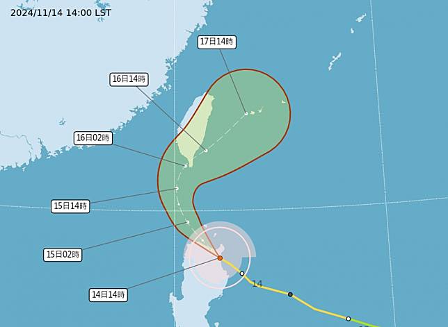 天兔颱風進逼台灣，氣象署今天下午已發布陸上警報。（氣象署提供）