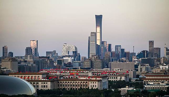 This photo taken on Sept. 2, 2024 shows the skyline of the central business district (CBD) at dusk in Beijing, capital of China. (Xinhua/Wang Jianhua)