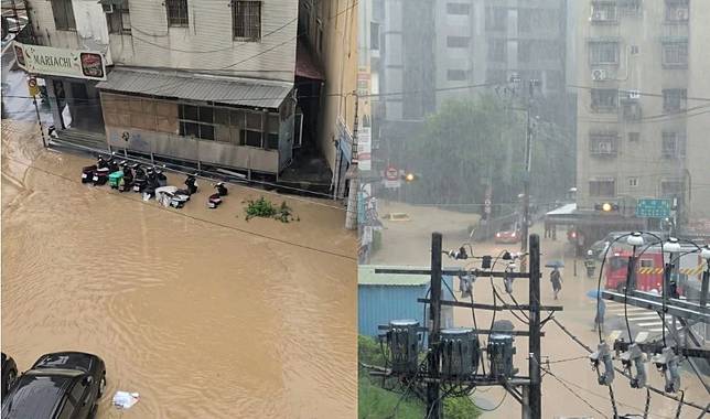 內湖金龍路、內湖路三段交岔口今天大淹水成了「黃河」。（合成照片／Threads @lover_fiend）