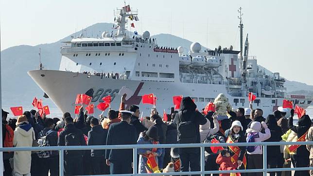 The Chinese Navy hospital ship &ldquo;Peace Ark&rdquo; arrives at a port in Zhoushan, east China's Zhejiang Province, Jan. 16, 2025. The Chinese Navy hospital ship &ldquo;Peace Ark&rdquo; arrived at a port in Zhoushan, Zhejiang Province, on Thursday morning after completing humanitarian medical services during its &ldquo;Mission Harmony-2024&rdquo; deployment to 13 countries across Asia and Africa. (Photo by Gui Jiangbo/Xinhua)