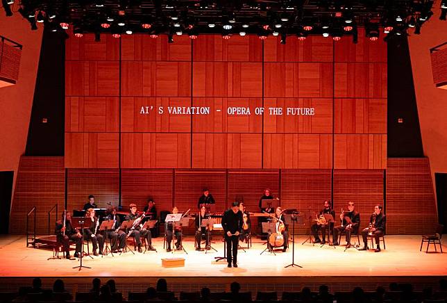 Cai Jindong (Front), the 7th China Now Music Festival's artistic director and conductor, thanks the audience at the festival closing concert at Carnegie Hall in New York, the United States, on Oct. 19, 2024. (Photo by Zack Zhang/Xinhua)