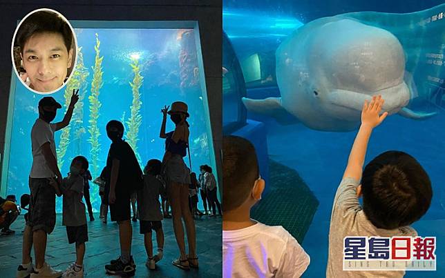林志穎一家五口遊海洋博物館，小朋友見到小白鯨好開心。