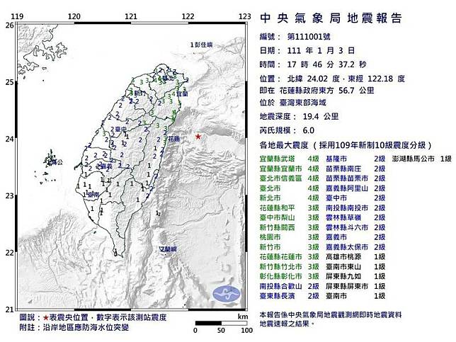 中央氣象局地震報告指出，發震時間為17點46分37秒，震央位在北緯 24.02度，東經 122.18度，即在花蓮縣政府東方 56.7 公里 ，位於台灣東部海域，地震深度：19.4公里，芮氏規模：6.0。(擷自氣象局網站)