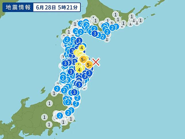 ▲日本岩手縣外海28日清晨再度發生地震，此次地震芮氏規模達6.1，青森縣與岩手縣觀測到最大震度5弱。（圖／翻攝自Yahoo JAPAN!）
