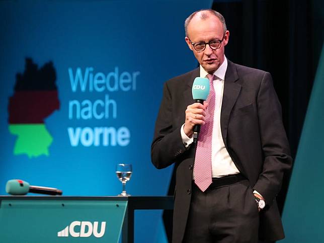 Friedrich Merz, chairman of Germany's Christian Democratic Union (CDU), attends an election campaign in Potsdam, Germany, Feb. 18, 2025. (Xinhua/Du Zheyu)