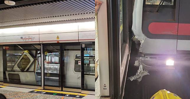 香港地鐵驚爆出軌，列車撞擊月台導致多扇門脫落。（翻攝自推特）