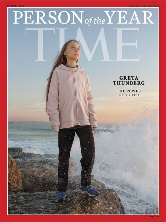 16歲瑞典女孩桑伯格(Greta Thunberg)，獲選為2019年時代雜誌風雲人物。(翻攝自時代雜誌)
