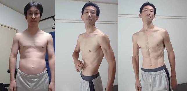 Tasuke經過3年的訓練，從原本大叔身材變成精壯的猛男。（翻攝YT@tasuke challenge Hero Name【中年野良トレーニー】）