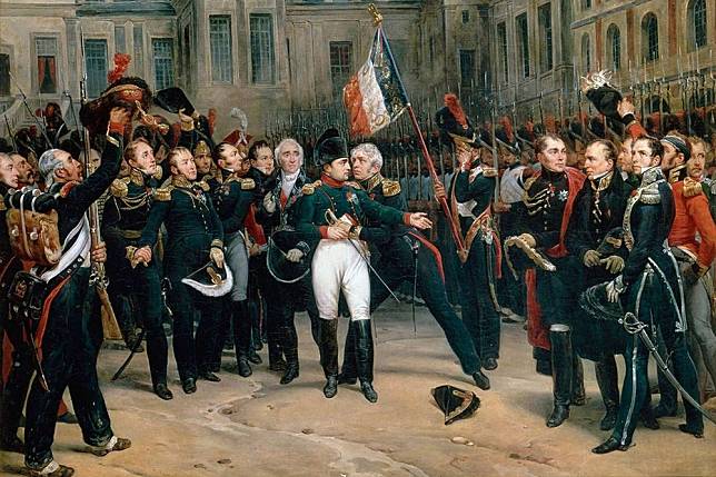 法國畫家Antoine-Alphonse Montfort繪製的畫作《Napoleon's farewell to his Imperial Guard，20 April 1814》（圖片取自維基百科） 