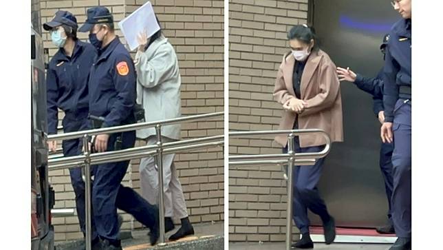 涉嫌虐死剴剴的惡保母劉彩萱(左，掩面者)及胞妹劉若琳(右)。侯柏青攝