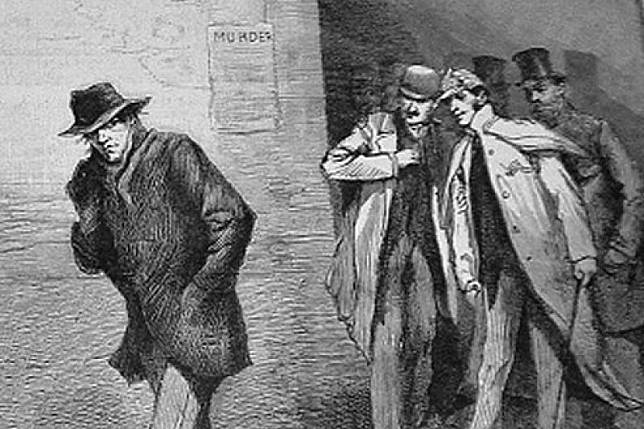 1888年10月13日《倫敦新聞畫報》的一幅插畫，題為「可疑人物」，描繪當時倫敦東部發生連續殺人案卻找不出凶手的恐慌情緒（Wikipedia/Public Domain）