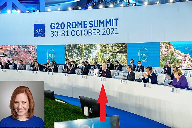 美國總統拜豋（前排右四）此次出訪歐洲，參加G20高峰會，白宮發言人莎琪（左下圖，翻攝自推特）沒有隨行，事後證實染疫，。   圖：翻攝自拜登臉書/ 新頭殼合成