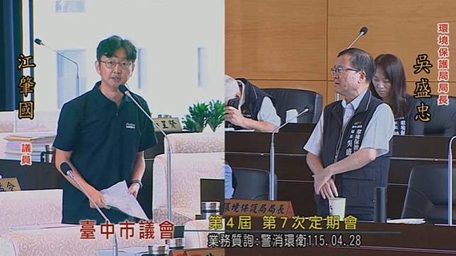 台中市環保局長吳盛忠對「群組美女照」表示不知情，讓議員江肇國相當光火。翻攝YT 臺中市議會直播