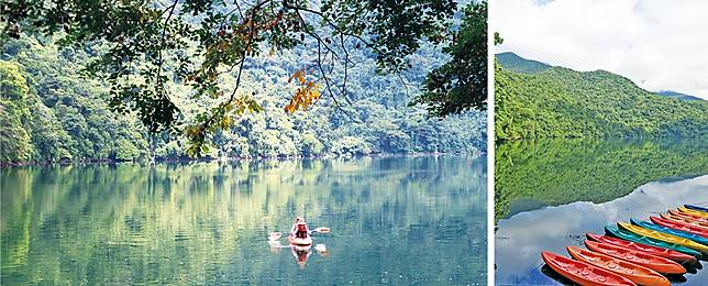 【左圖】乘船遊湖時，可以看到樹林中的野生生物。【右圖】湖水印照出翡翠的山巒。（攝影=林欣兒）