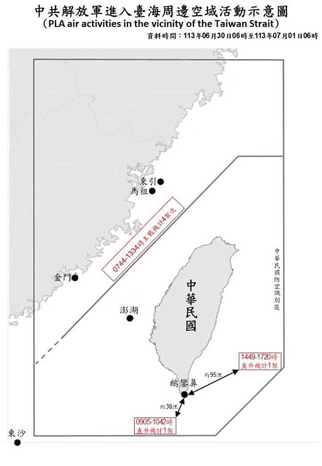 中共解放軍進入臺海周邊空域活動示意圖。（國防部提供）