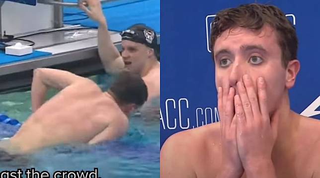 美國大學一名游泳選手奪冠後立刻翻越水道找隊友慶祝，沒想到卻因此被判失去資格。（翻攝自Buttstroke Swimming YouTube）