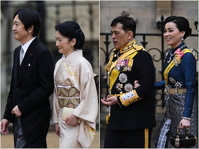 日本文仁親王、泰國國王攜伴妻子參與英王加冕典禮，皆以傳統服飾亮相。（路透社、AP）