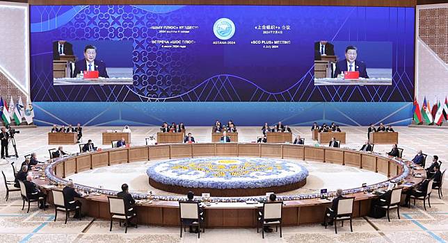 Chinese President Xi Jinping attends the expanded meeting of the Shanghai Cooperation Organization (SCO), or SCO+, and delivers an important speech titled &ldquo;Joining Hands to Build a More Beautiful Home Of the Shanghai Cooperation Organization&rdquo; in Astana, Kazakhstan, July 4, 2024. (Xinhua/Pang Xinglei)