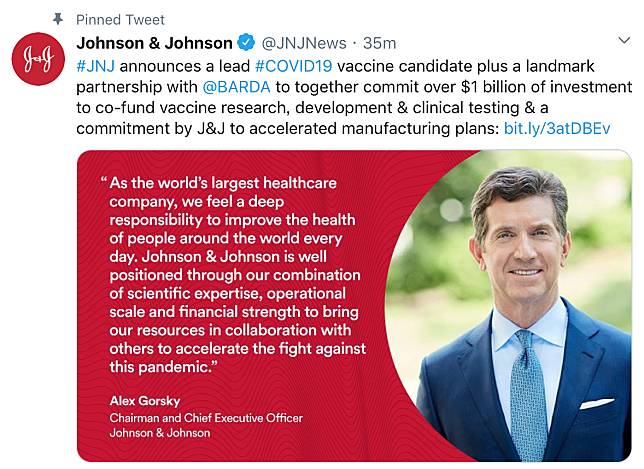嬌生公司（Johnson & Johnson）今（30）宣佈，將自9月起對疫苗進行人體測試。   圖：翻攝自Twitter
