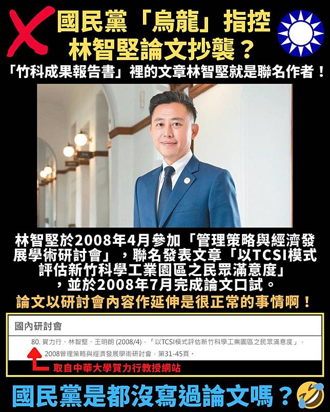 台灣基進黨桃園市議員參選人藍士博今日表示，林智堅以研討會論文內容延伸為畢業論文，並沒有什麼問題。   圖：擷取自藍士博臉書