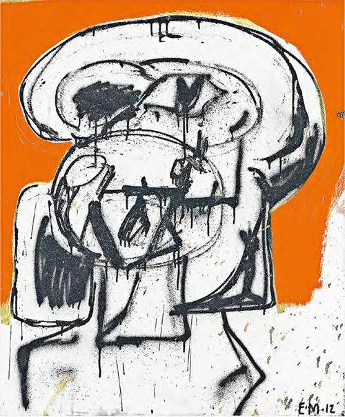 《無題》——規格：油畫，瓷漆，噴漆，畫布（91.4×76.2厘米） 成交價：1,062,500港元（2019年香港春拍） 特色：美國當代藝術家Eddie Martinez 2012年的作品。主體似人像又似物件，有遼闊的解讀空間（富藝斯提供）