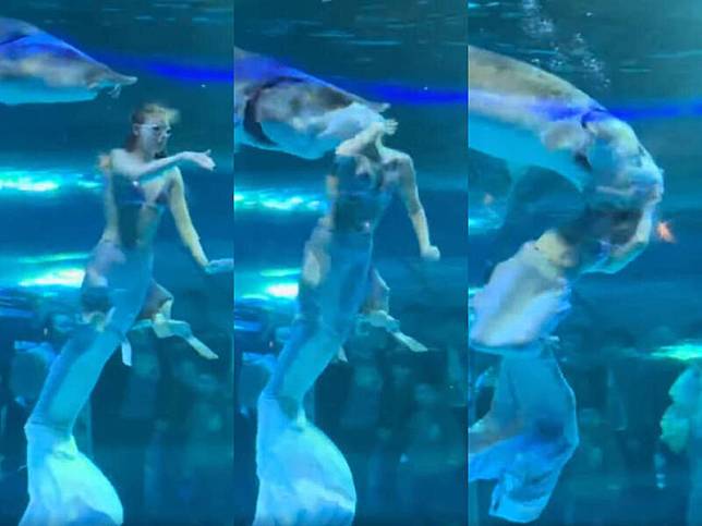 22歲俄羅斯籍「美人魚」表演者瑪莎(Masha)在水族箱內表演時，突遭巨魚咬住整顆頭。(圖擷取自臉書)