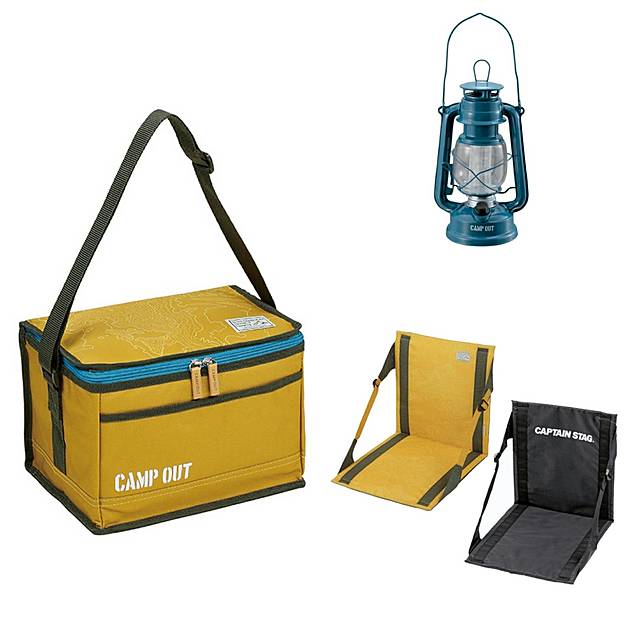台隆手創館推出CAPTAIN STAG鹿牌相關露營商品：CAMP OUT油燈造型LED燈、CAMP OUT 保冷袋6L、CAMP OUT 兩用座椅墊（限店販售）（圖片提供/台隆手創館）
