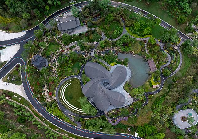 An aerial drone photo taken on April 22, 2024 shows the Chengdu garden of the International Horticultural Exhibition 2024 Chengdu in Chengdu, southwest China's Sichuan Province. (Xinhua/Jiang Hongjing)
