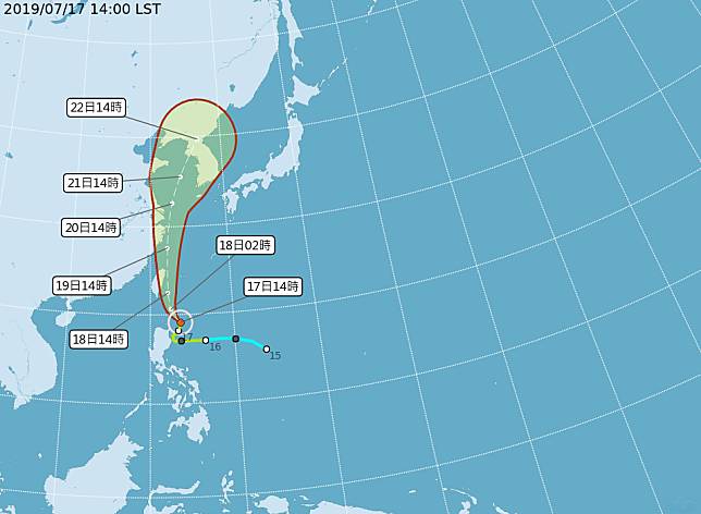 颱風丹娜絲逐漸逼近，中央氣象局在今（17）早11：30發陸上颱風警報   圖：截自中央氣象局