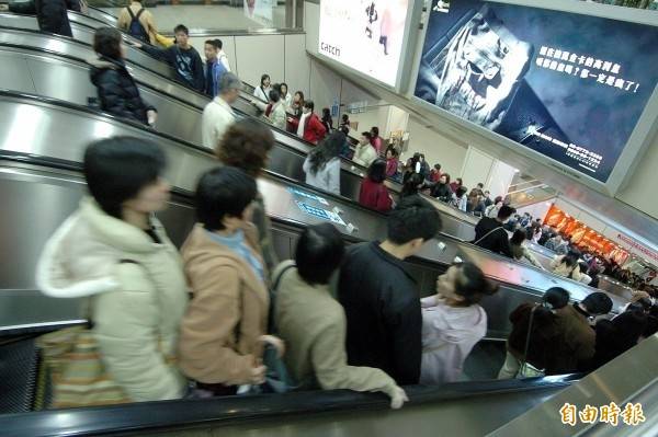 台北捷運公司表示，「右站左行」是民間長久形成的文化，目前仍以「緊握扶手，站穩踏階」向大眾宣導。(資料照)
