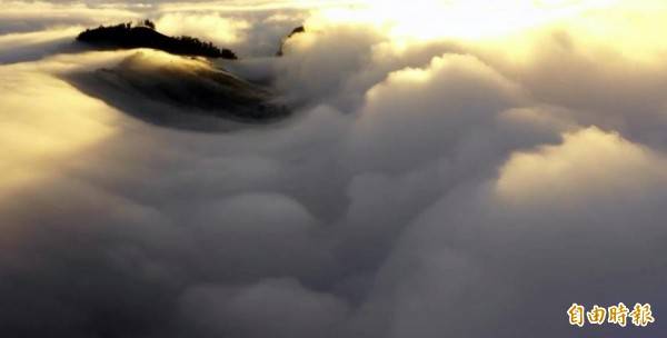 今年入冬首波大陸冷氣團來襲，南投縣鹿谷鄉大崙山在「沖浪式」雲瀑飛奔下，宛若飄浮在雲海的「天空之島」，令人嘆為觀止！(記者謝介裕攝)