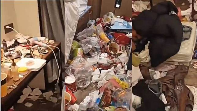 2對未成年男女承租長沙一間飯店長達3個月，期間他們不准清潔人員進去清理，堆積如山的垃圾讓整個房間滿目瘡痍。（翻攝微博）